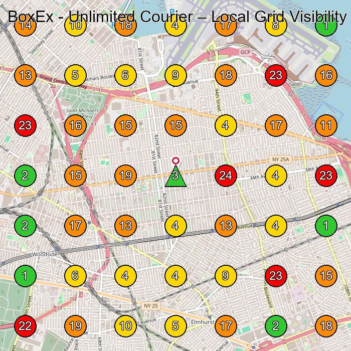 BoxEx - Unlimited Courier Servicio De Mensajerã­A GeoGrid ranking map for Flushing NY